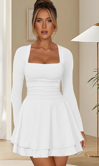 Kaximil Women's Square Neck Ruffle Hem Ruched Waist Long Sleeve Mini Dress, XL