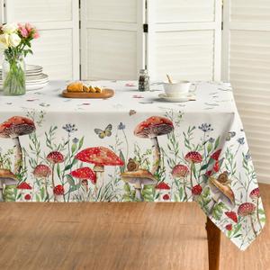 Horaldaily Mushroom Rectangular Tablecloth 52x70 Inch, Seasonal Vintage Washable Seasonal Table Cover for Party Picnic Dinner Decor (White)