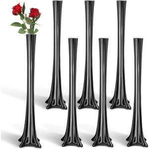 Roshtia 6 Pcs Eiffel Tower Vase Bulk 16 Inch Flute Vases Tall Glass Long Skinny Base Glass for Wedding Centerpiece Flowers Home Table Decorations Formal Dinners (Black)