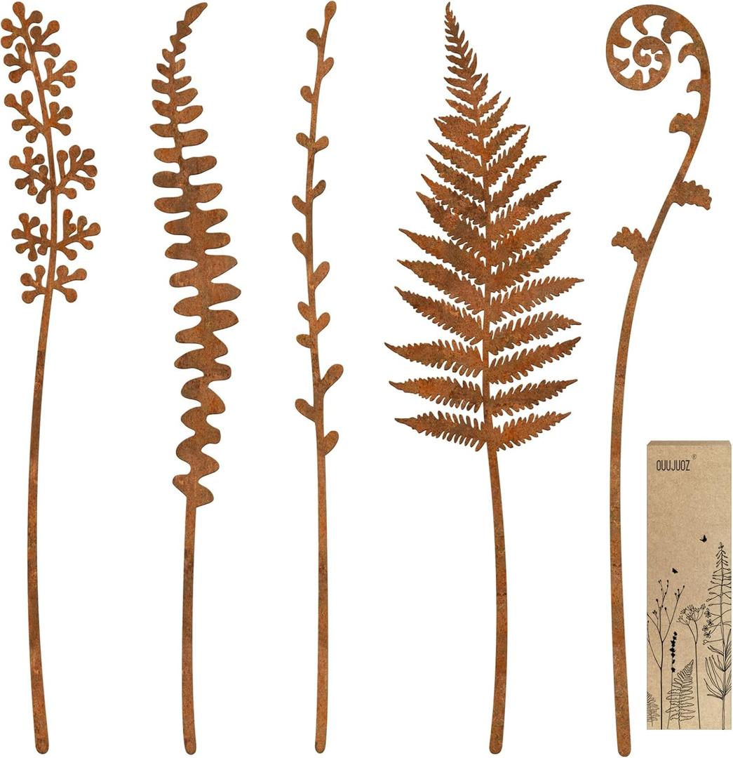 Metal Flowers for Outside,Garden Stakes Decorative,Flower Bed Decor Plant Stakes,Garden Statues Outdoor Clearance,Metal Yard Art Outdoor,Plant Decorations for Pots (5 X Fern)