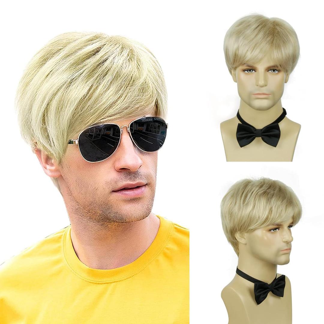 Mens Blonde Wig, Short Straight Natural Hair Synthetic Full Wig for Man Men Guy Cosplay Anime Party Costume Anime Men's Wigs