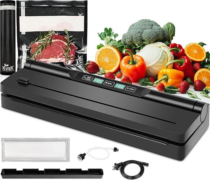 Vacuum Sealer Machine Automatic Black 6615H Food Preservation Storage, One-Click Dry&Moist Vac Seal Mode, 60kPa Suction, 11"x9.8' Black Sealer Roll, Liquid Block Cotton Pads, Removable Drip Tray