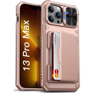 Vihibii for iPhone 13 Pro Max/iPhone 12 Pro Max Case with Card Holder (4 Cards), [RFID Blocking] & Slide Lens Camera Cover, Military Grade Drop Protection, Heavy Duty Wallet Phone Case, Rose Gold