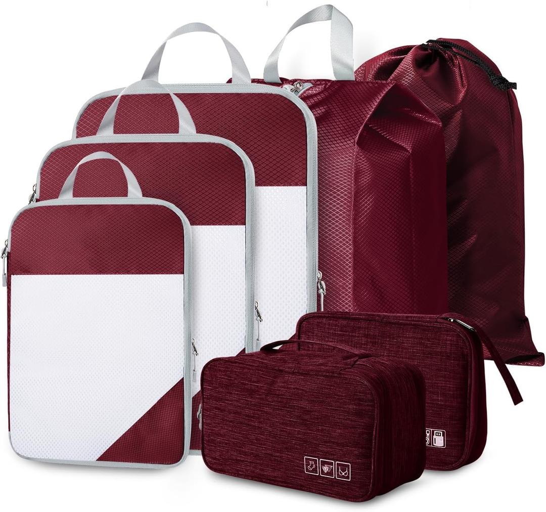 Compression Packing Cubes, 7 Set Packing Cubes for Travel Compression, Lightweight Compressible Package Organizer for Carry On and Suitcases, Wine