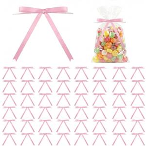 50 Satin Bows for Cake 5x7 inches, Twist Design for Easy Fixation, Suitable for Gift Wrapping, Christmas Trees, DIY Crafts, Party Home Decoration, Fade-Resistant and Reusable. (Pink) (Black)