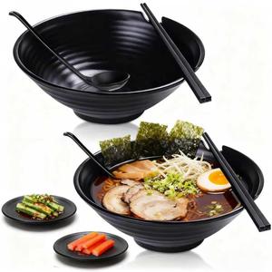 Vivimee Unbreakable Japanese Style Ramen Bowl Set of 2, 37oz Black Large Matte Melamine Bowls and Spoons Set with Chopsticks & Saucers for Pho Thai Miso Udon Soup Noodles or Asian Food