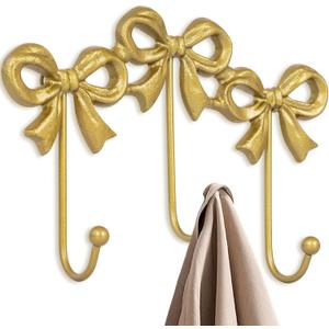 Triple Gold Bow Hooks, Wall Mount Coat Hook, Gold Wall Hooks for Hanging for Hats, Bags, Coats, Bathroom, Kitchen, Office