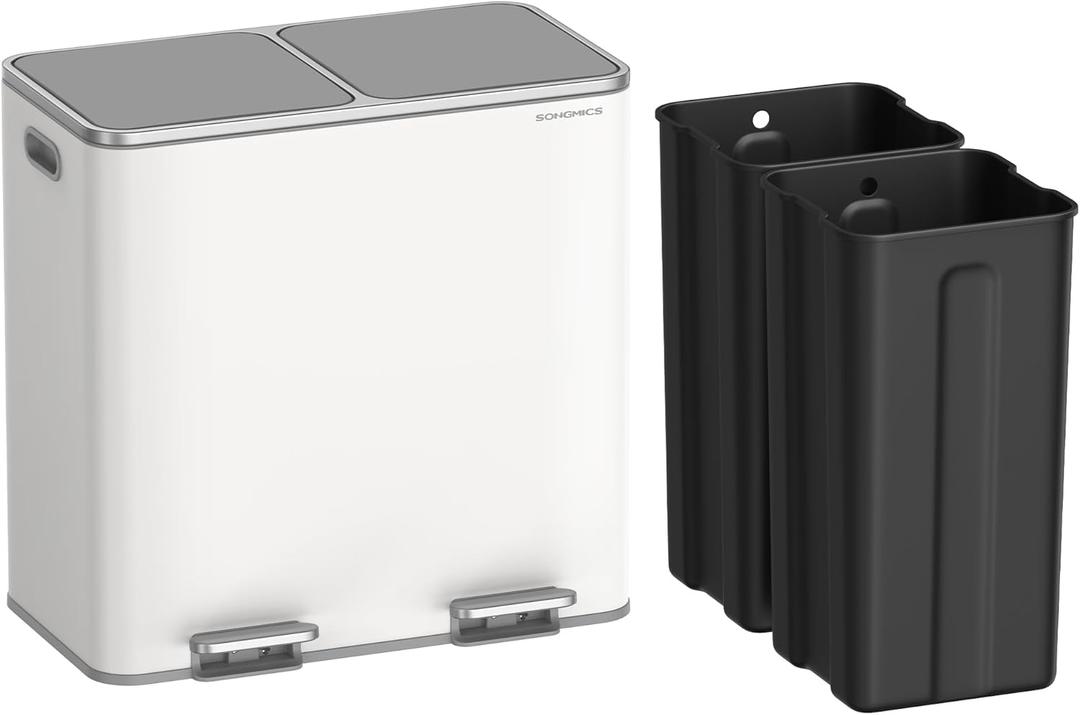 SONGMICS Can, 2 x 10.6 Gallon (2 x 40 L) Garbage Can for Kitchen, with 15 Bags, 2 Compartments, Plastic Inner Buckets and Hinged Lids, Airtight, White and Gray ULTB730W80
