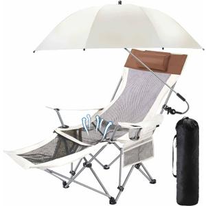 Yuntau Single Reclining Camping Chair with Removable Umbrella Folding Camp Chair for Outdoor(White)