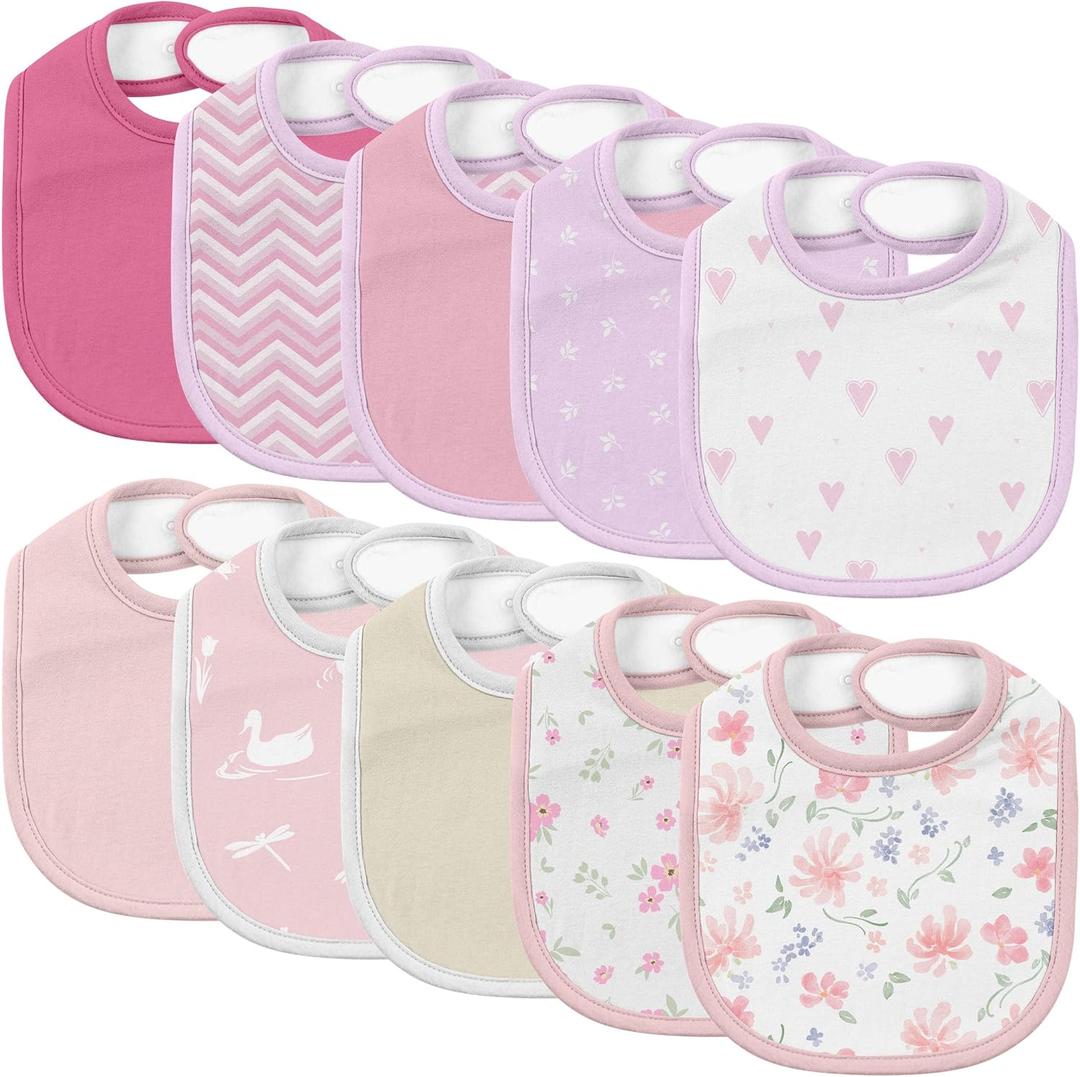 10 Pack Cotton Snap Bibs for Baby Boy Girl, Super Soft Drool Bibs for Teething and Feeding