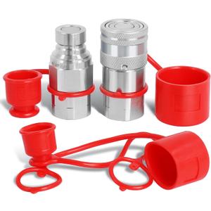 1/2" NPT Flat Face Hydraulic Couplers, Skid Steer Bobcat Quick Connect Fittings with Dust Covers(ISO16028) (Red)