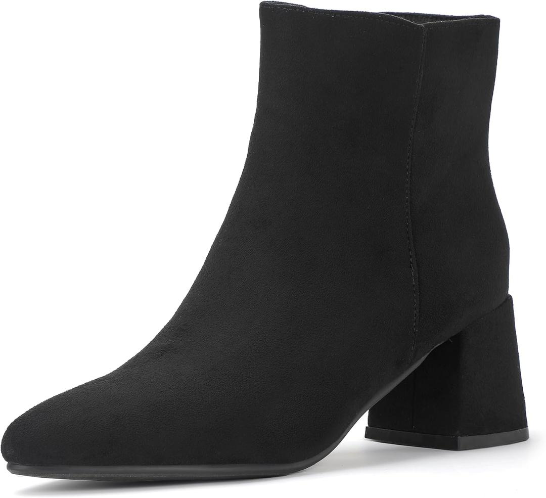 IDIFU IN2 Ankle Boots for Women Low Short Chunky Block Heel Boot Fall Pointed Toe Dress Booties Ladies Comfortable Cute Fashion Boots (8, New Black Suede)