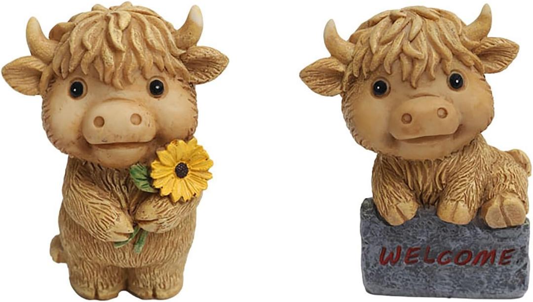 2 Pack Highland Cow Brown DecorScottish Highland Cow Decor Resin Sculpture, Highland Cow Figurine Gifts Decorations Home Farmhouse Tiered Tray Decor Home Kitchen Desk Decor Decor(Brown,Holding Flower