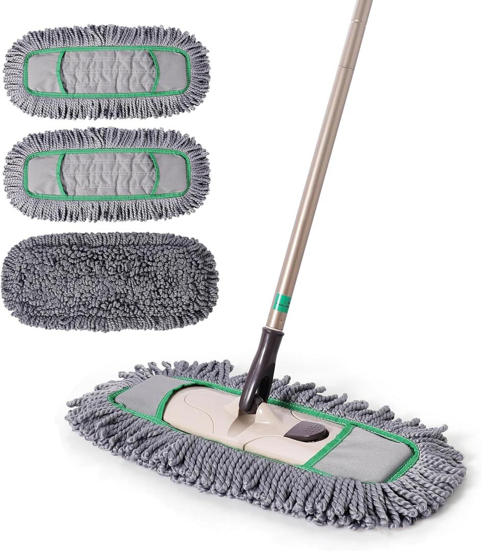 Eyliden Pro Dust Mops for Floor Cleaning - Total 3 Washable Microfiber Pads, One-Click Replacement, Telescopic Handle, Professional Design for Floors & Pet Hair (Grey+Green)