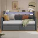 Twin Size Daybed with Storage Drawers and LED Light, Linen Twin Bed Frame with Charging Station and Storage Headboard, Sofa Bed for Living Room Bedroom Guest Room, Wood & Metal Frame (79.5"L x 45.3"W x 36.2"H)