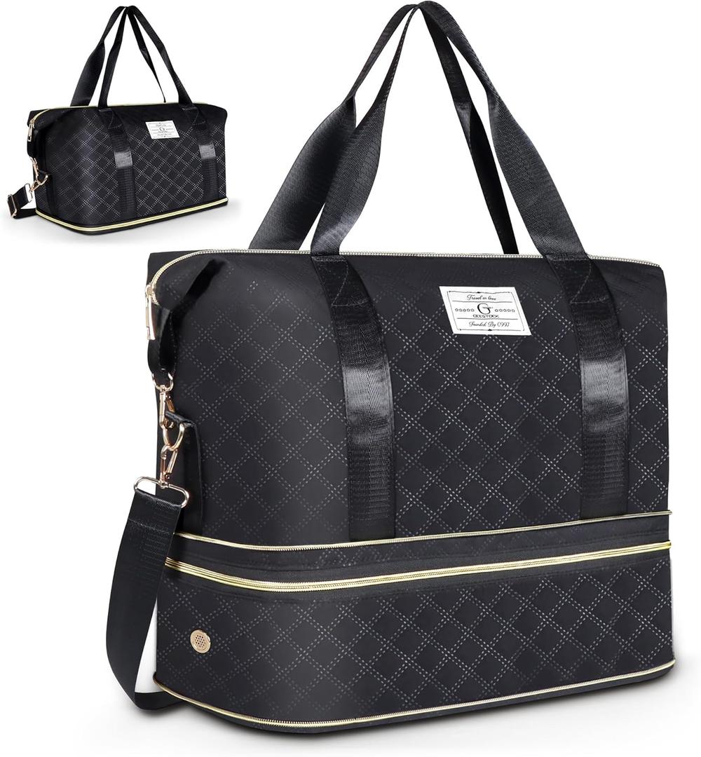 Geestock Weekender Bag with Shoe Compartment for Women, Expandable Overnight Duffle Bag, Carry On Personal Item Bag for Travel, Gym, Hospital, Included Storage Pouch & Adjustable Straps, Black