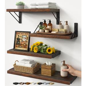 BAYKA Wall Shelves for Bathroom Decor, Floating Wall Shelves for Living Room Kitchen Storage, Mounted Rustic Wood Floating Shelves for Kids Books, Corner Shelf for Bedroom(Rustic BrownSet of 4) (16-inch Mixed)