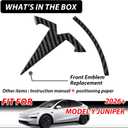 Metal Emblem for Tesla Model Y Juniper 2026+, Logo Cover Anti-Fade, All-Weather, Easy Install, Multiple Colors for Tesla Y Juniper Accessories (Front, Black Carbon Fiber Pattern)