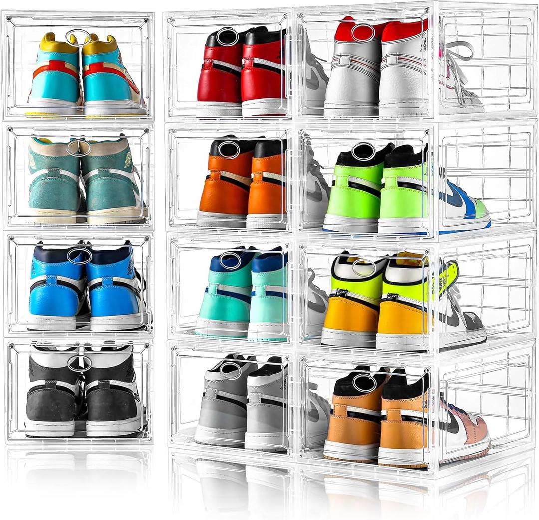 Amllas 12 Pack Clear Shoe Boxes Stackable,Shoe Storage Boxes for Closet,Sturdy Shoe Box Storage Containers with Clear Door,Sneaker Storage,Easy to Assemble,Fit up to US Size 12(13.8x 9.84x 7.1)