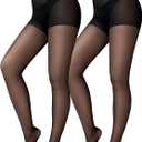 Jamieya 2 Pairs Black Sheer Tights for Women, 20D Control Top Pantyhose Stockings Tummy Control Under Dress (Black)