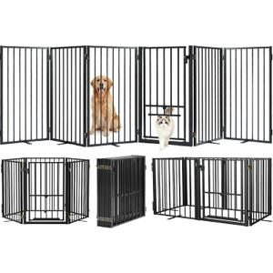 Metal Freestanding Dog Gate with Cat Door for Outdoor & Indoor,120" Extra Wide Foldable Pet Fence,30" Tall Dog Gate for RV Camping,Stairs,Hallways,Doorways,Deck,Yard,with 5PCS Support(6 Panels,Black)