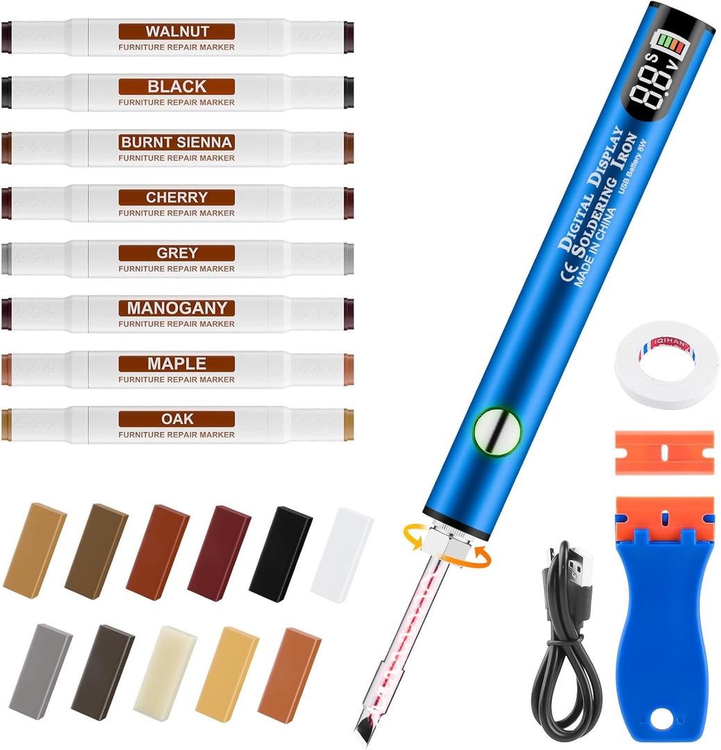 Laminate Wood Floor Repair Kit, Wax Melting Tool with Display, Hard Wax Filler, Marker Pen, Furniture and Countertop Repair Set, Blue