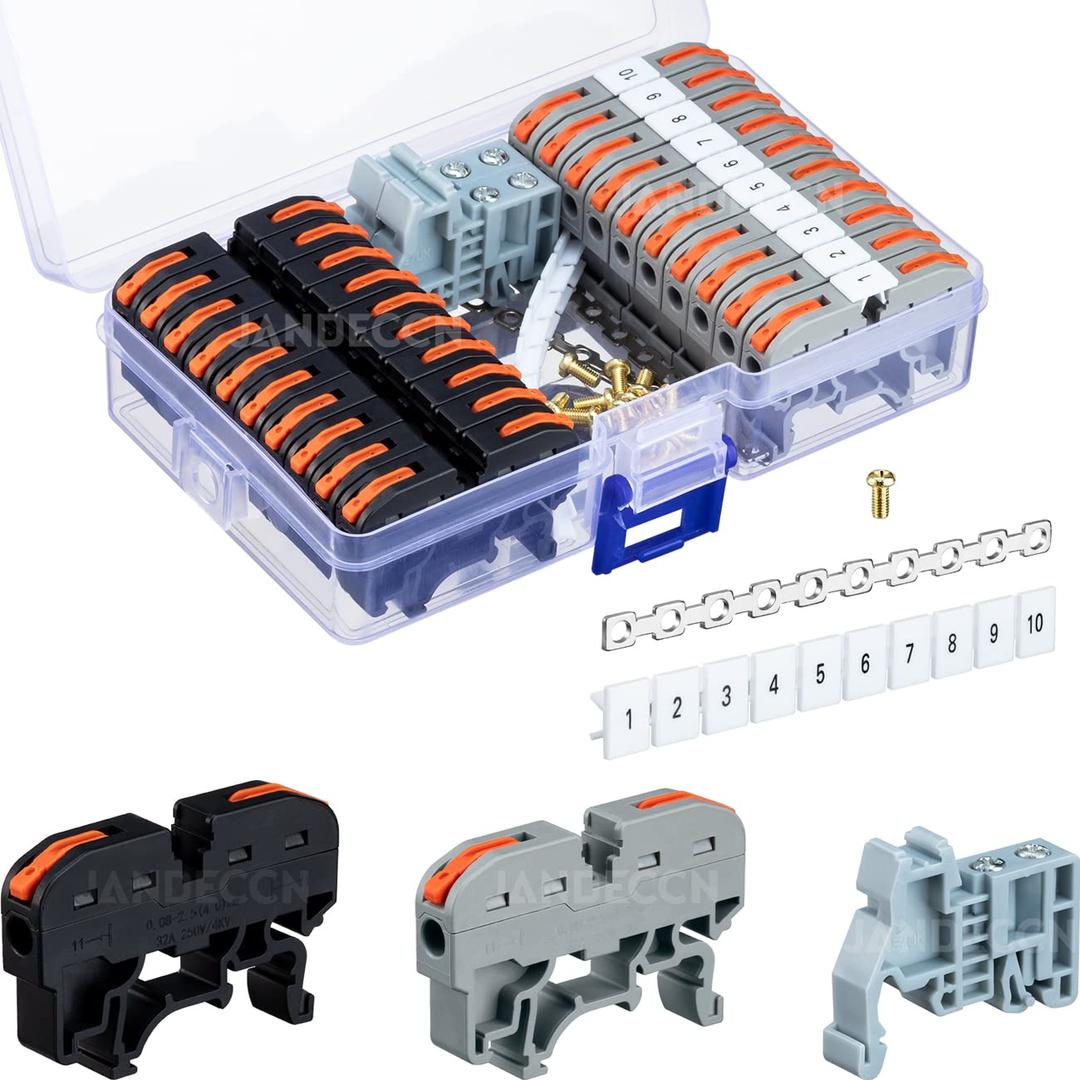 DIN Rail Terminal Blocks Kit, 20pcs Universal Compact Wire Connectors + 2pcs Connection Bar + 2pcs Marker Strip + 2pcs Terminal End Stopper + 20pcs Screws for 24-12 AWG