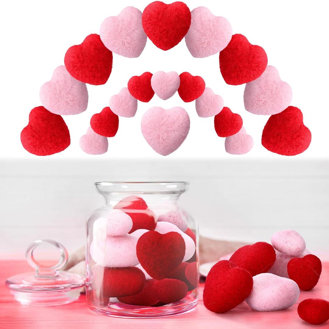 20 Pieces Valentine Felt Hearts 30 mm 50 mm Hearts for Crafts Felt Heart Garland Felted Vase Filler Beads Pom Pom Heart Shape Wool Balls Ornaments for Home Decor Garland Handcraft DIY(Pink, Red)