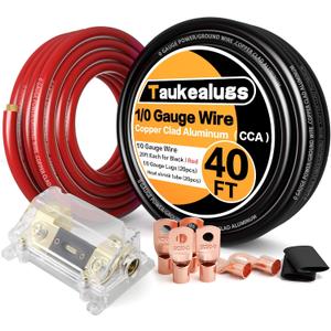 1/0 Gauge Battery Cable Wire Copper Clad Aluminum CCA Amp Wiring Kit 40FT Black/Red for Automotive Power Ground,Car Audio Speaker,Inverter Truck with 250A ANL Fuse Holder Lug Terminal Heat Shrink Tube
