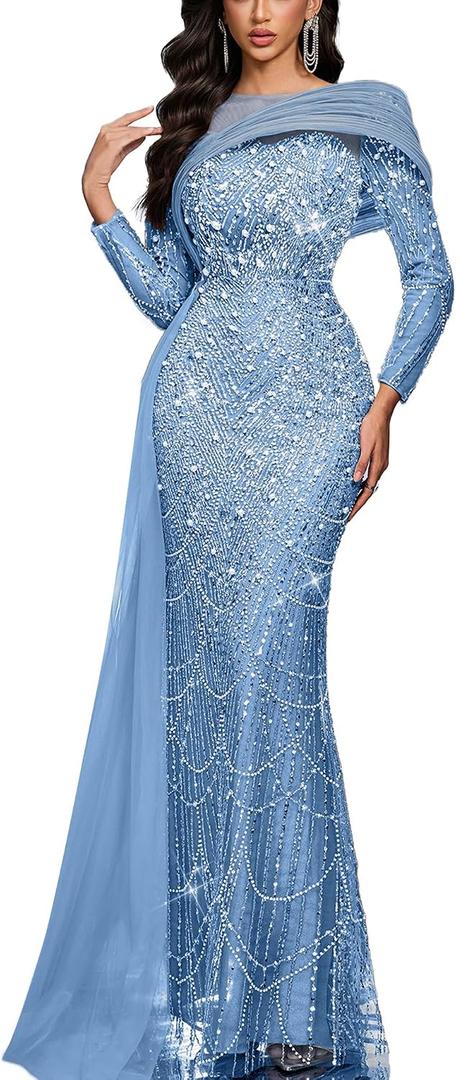 Women Sequin Beaded Mermaid Evening Gown Long Sleeve Prom Dress M