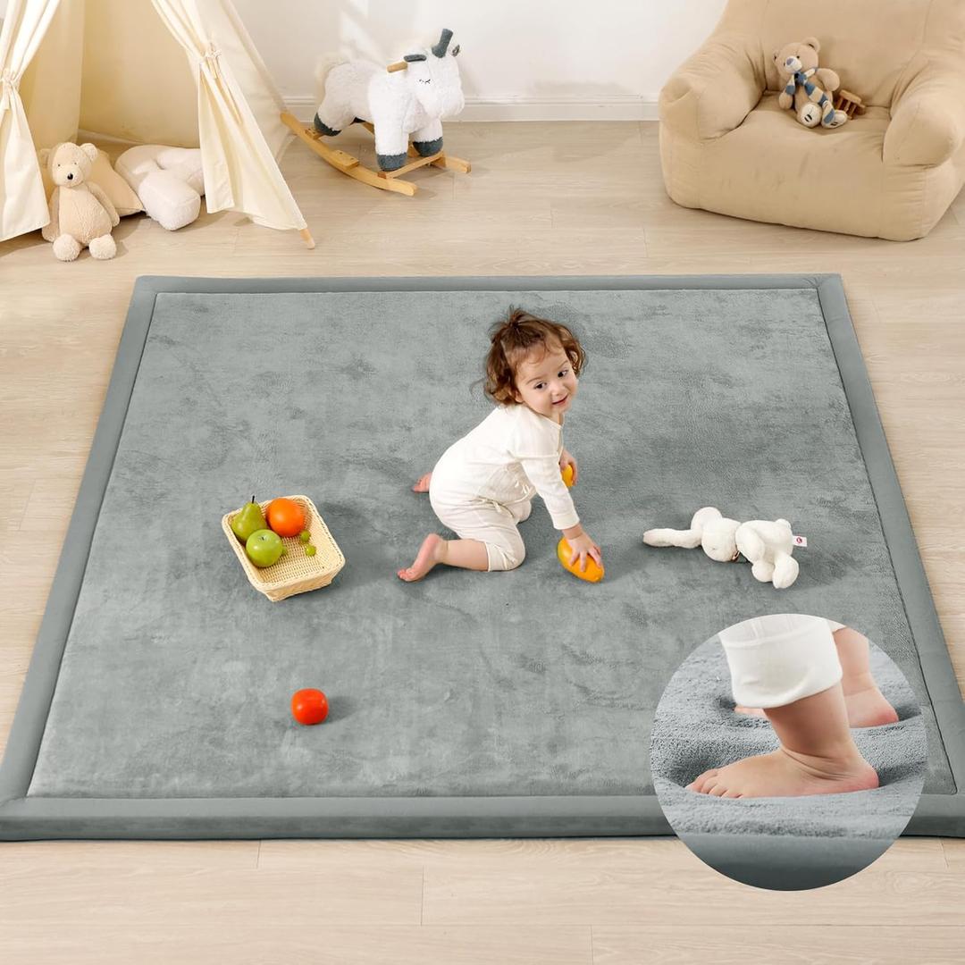 1.3" Thick Baby Play Mat for Floor Playpen, 71x59 Large Foam Tummy Time Mat, Padded Support Soft Plush Nursery Rug for Infant Kids Toddler Crawling Kick Activity (Light Grey)