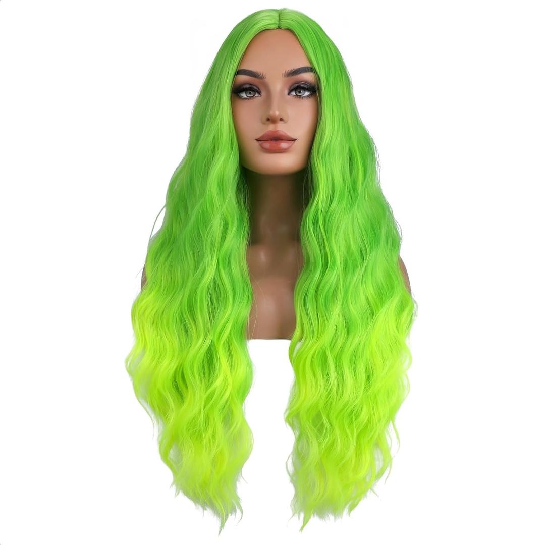 BERON Neon Green Wigs Long Wavy Wig for Women Costume Curly Ombre Green Color Girls Heat Resistant Synthetic Hair Wigs for Cosplay Party or Daily Use,Green Ombre