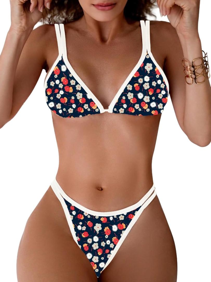 TASHEHE Women's Bikini Set High Leg Cut Double Straps Cute Triangle Swimsuit High Waist Two Piece Bathing Suit (Dark Blue / Floral / 402) Small TASHEHE Women's Bikini Set High Leg Cut Double Straps Cute Triangle Swimsuit High Waist Two Piece Bathing Suit (Dark Blue / Floral / 402) Small