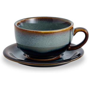Coffeezone Vintage Design 12 oz Ceramic Latte Art Cappuccino Barista Cup with Saucer (Fog Grey)