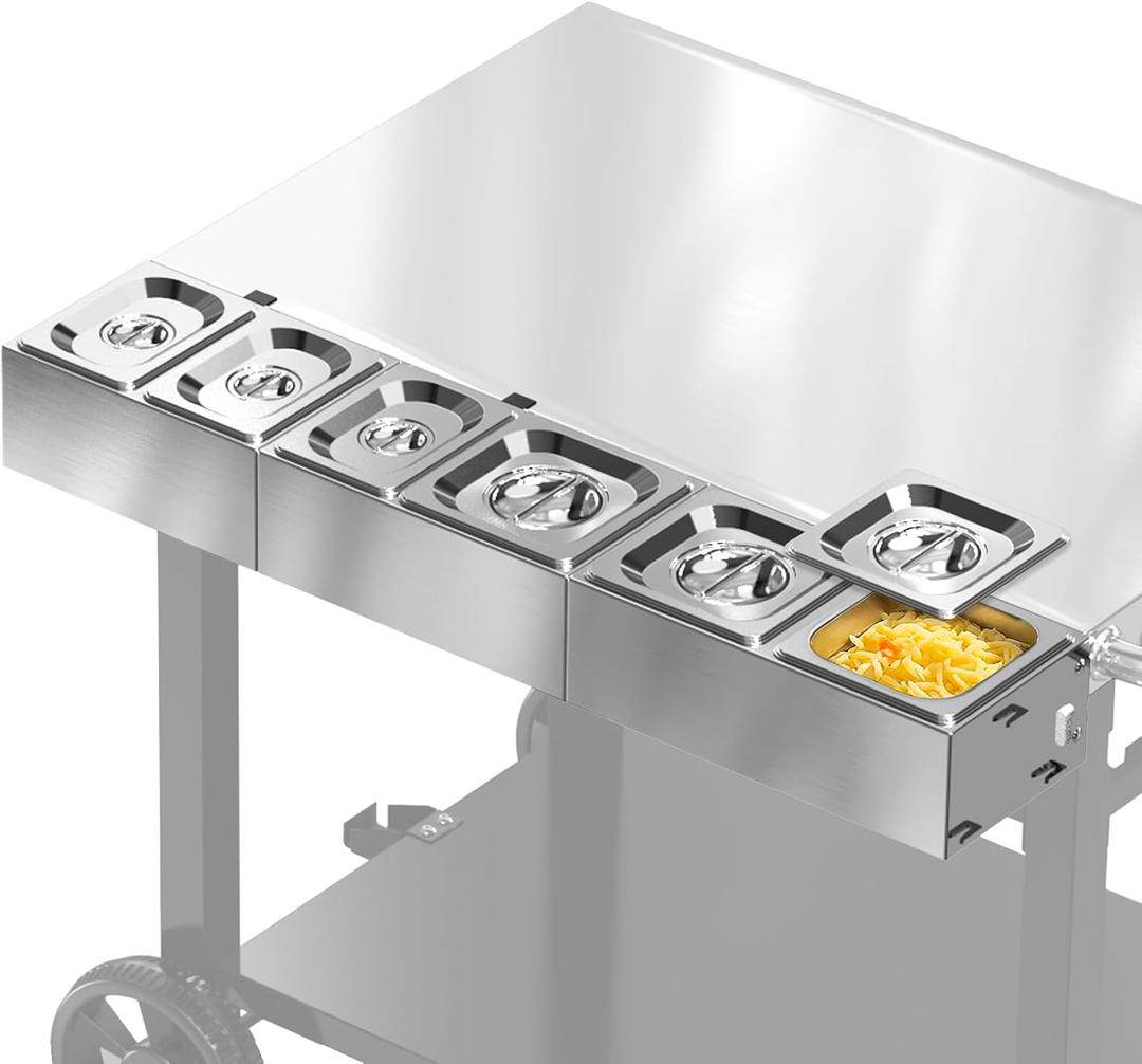 Pizza Topping Station for Pizza Oven Table, Stainless Steel Pizza Container with 6 Seasoning Containers with Lids, for Prepping Ingredients and Toppings, Oven Accessories Outdoor (35.8inch)