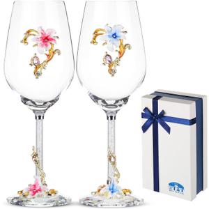 BTaT- Fancy Wine Glasses Set of 2, 17 oz, Blue & Red, Flower Design with Gift Box, Floral Wine Glasses Fancy, Dishwasher Safe