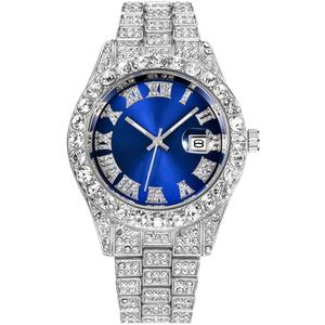 Hip Hop Watches for Men Iced-Out Bling Diamond Luxury Quartz Watches with Date (42mm Silver Blue)