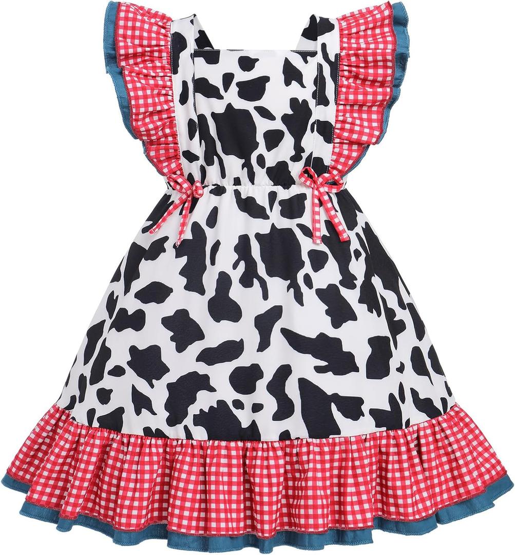 IDOPIP Toddler Baby Girls Cow Plaid Strawberry Rainbow Tutu Dress Summer Sleeveless Princess Birthday Party Dresses Clothes (5-6 Years)