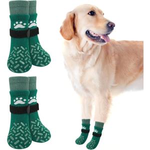 SCENEREAL Dog Socks to Prevent Licking Paws for Hot/Cold Pavement, Anti Slip High Top Dog Grip Socks for Hardwood Floors, Dog Shoes Booties&Paw Protector for Small Medium Large Senior Dog, Green L (L(Pack of 4))