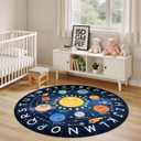 Kids Alphabet ABC Round Rug 4ft, Washable Educational Circle Rug with Solar System Design, Soft Non-Slip Nursery Carpet for Classroom, Playroom & Kids Room Decor