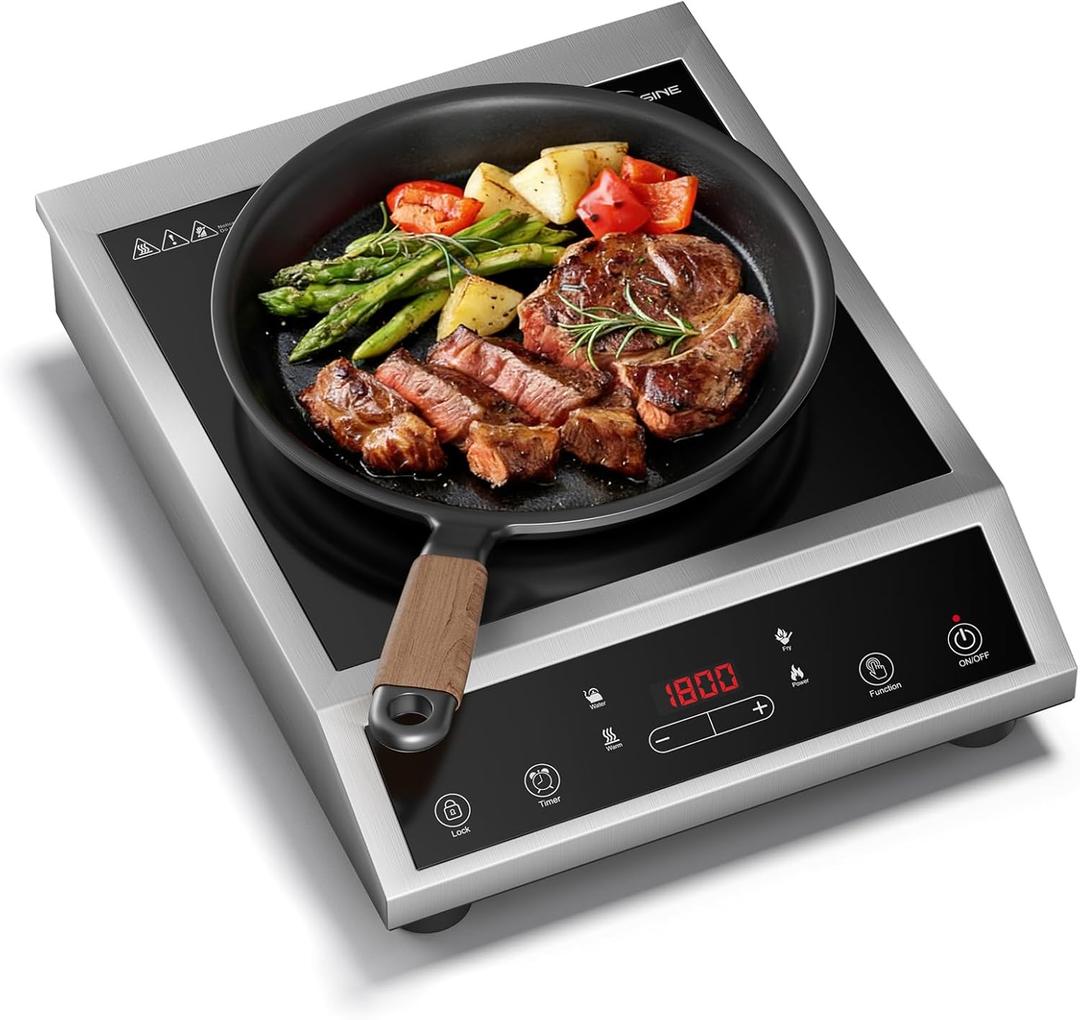 1800W Induction Cooktop, Single Burner with Dual IGBT Power Control, 10 Power & Temperature Levels, Stable Low-Heat Cooking, Touch Control, Stainless Steel Induction Cooker