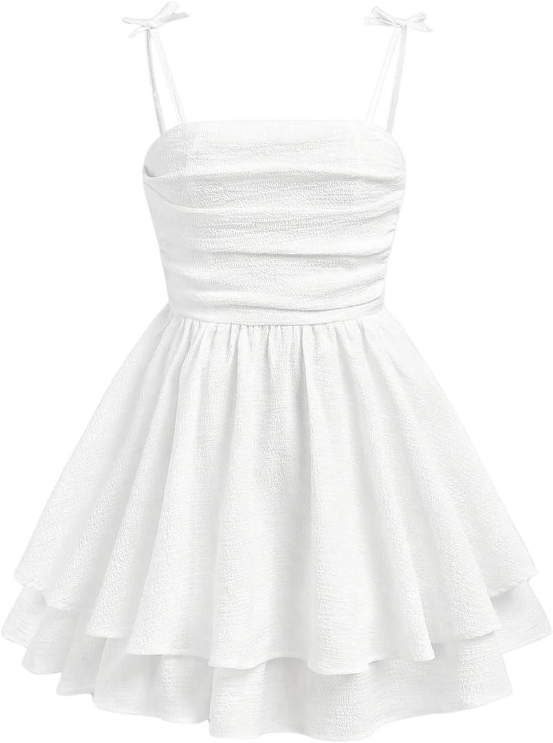 SHENHE Girl's Smocked Ruched A Line Swing Dress Layered Tie Shoulder Flowy Cami Short Dress (White)