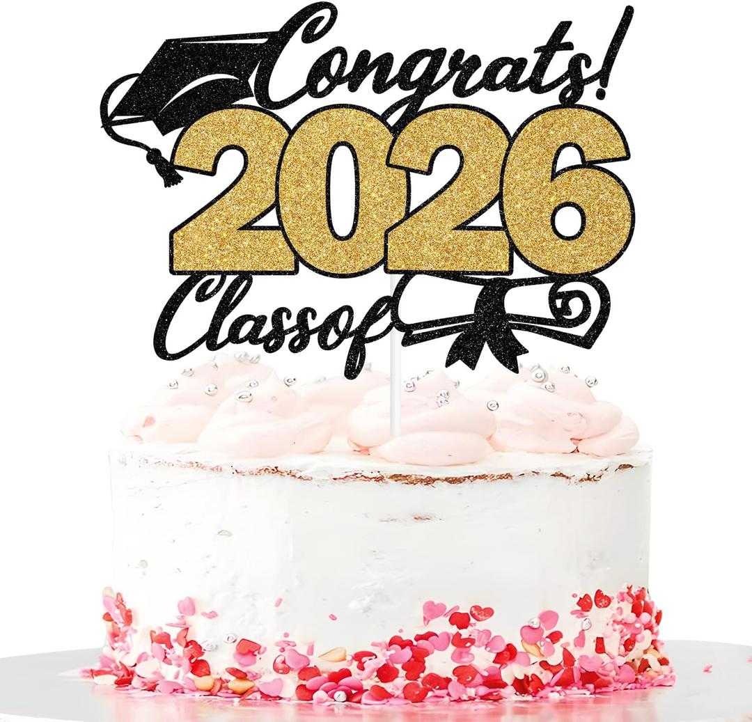 Congrats Class of 2026 Cake Topper, Congrats Grad Cake Decor, So Proud of You/You Did It, 2026 Senior High School College Graduation Party Decorations Black and Gold Glitter