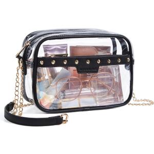 Missnine Clear Bag for Stadium Events Quilted Clear Purse for Women Stadium Approved PVC Crossbody Concert Bag (Studs Chain Blac)