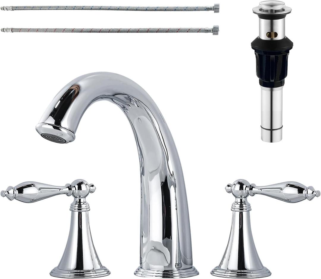 SaniteModar Chrome Bathroom Sink Faucet, Brass Bathroom Faucet, Widespread Bathroom Faucet for Sink 3 Hole, 2 Handles with Water Supply Lines and Pop-up Drain