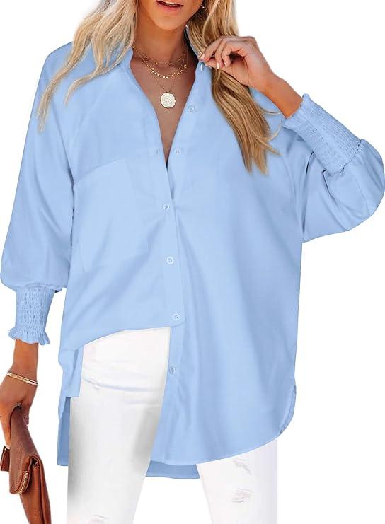 Womens Smocked Cuffed Striped Boyfriend Shirt Casual Collar Long Sleeve Oversized Button Down Blouse Tops with Pocket Shirred L