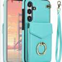 Asuwish Phone Case for Samsung Galaxy S24 Plus S24+ 5G Wallet Cover with Tempered Glass Screen Protector and RFID Blocking Ring Credit Card Holder Leather Cell S24plus 24S + S 24 24+ Women Men Teal