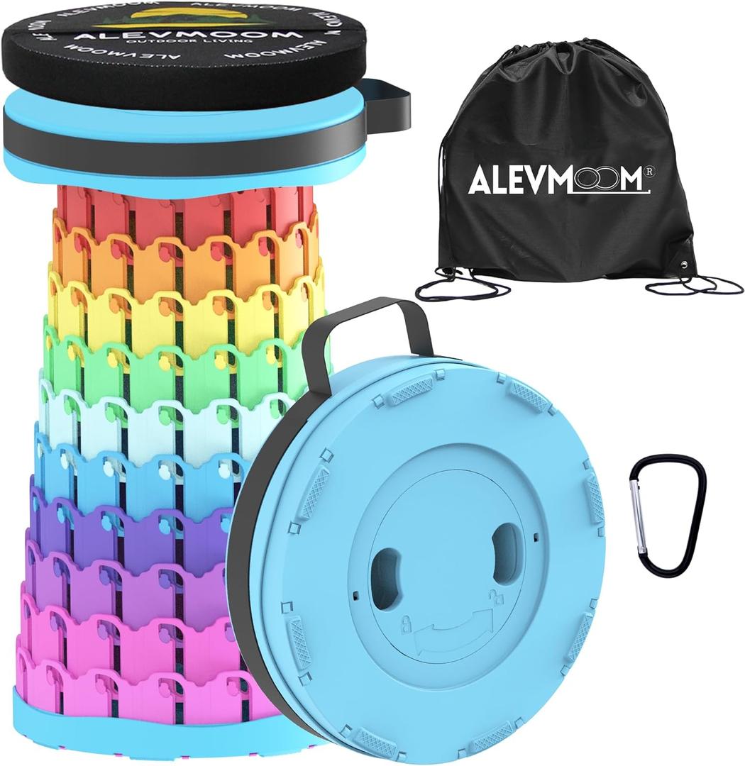 ALEVMOOM Upgraded Collapsible Stool with Cushion & Bag, 18" H Portable Retractable Telescoping Folding Stool for Adults, Lightweight But Sturdy Capacity 600 lbs for Camping Fishing Hiking Travel (Colorfull)