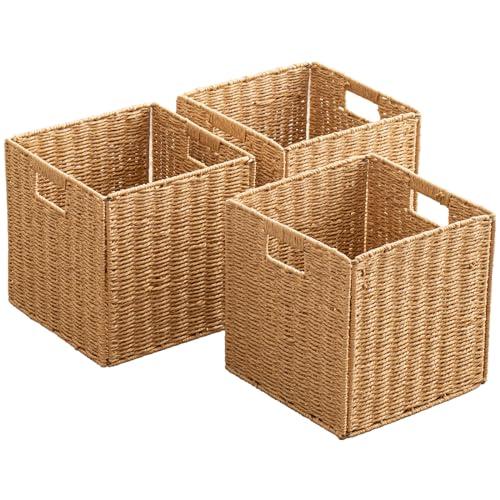Foldable Storage Baskets with Handles Paper Rope Storage Baskets Rectangle Collapsible Hand Woven Storage Cubes Bins for Organizing Shelves Living Room Bedroom Pantry (3, 11'' x 11'' x 11'')