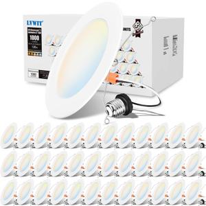 LVWIT 6 inch LED Recessed Lighting, Slim Can Lights with White Cover, 5CCT Color Selectable, Dimmable Downlight with E26 Conversion Kit, 36 Pack (6in-36pack)